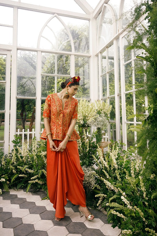 Silk jacket top with irish satin drape skirt