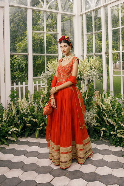 Anarkali with silk yoke with scallop neck line embroidered with multi colour thread