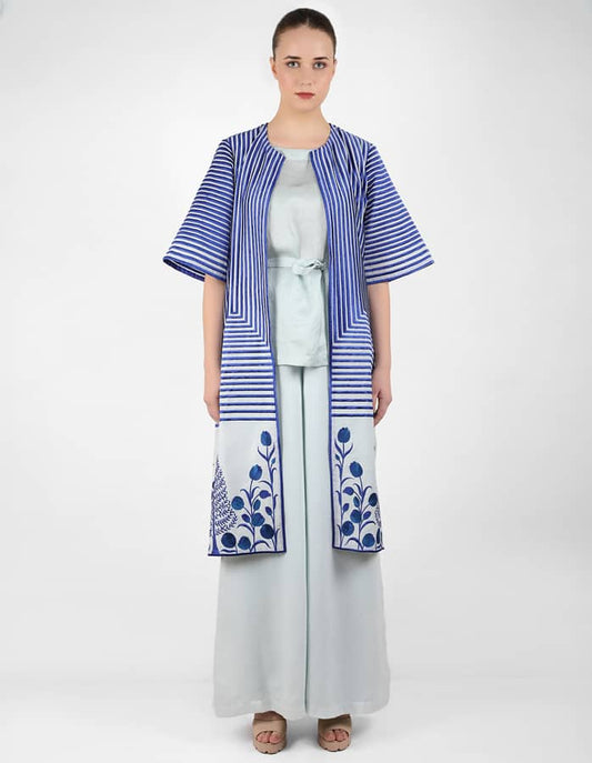 Geometric wave stripe floral jacket - Blue