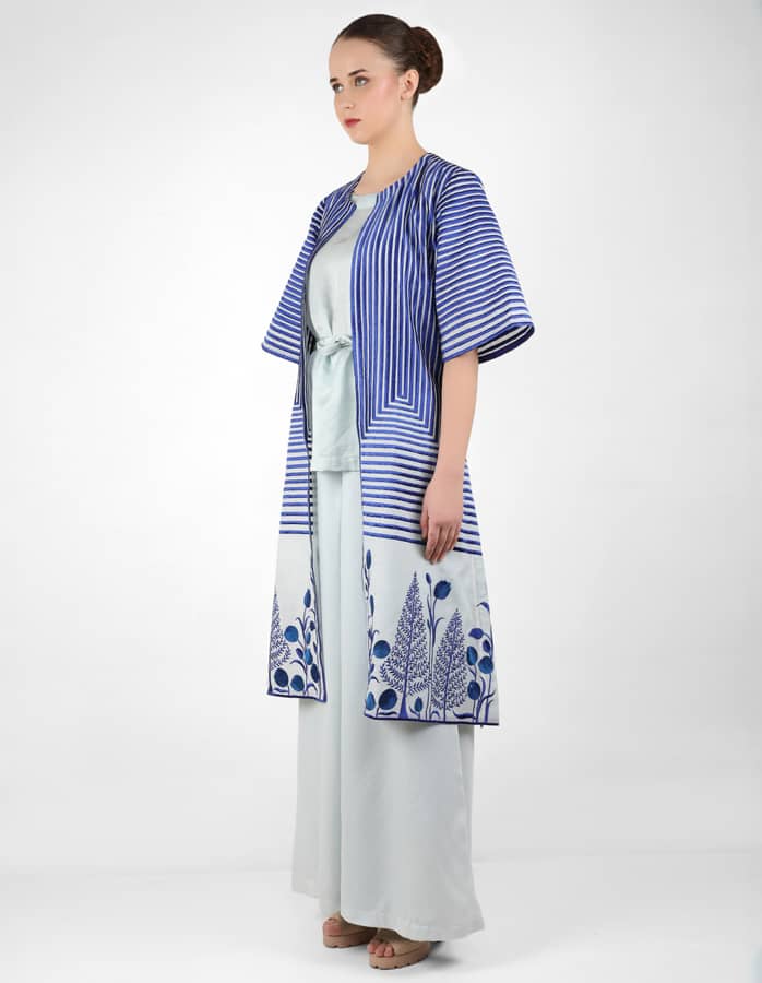 Geometric wave stripe floral jacket - Blue