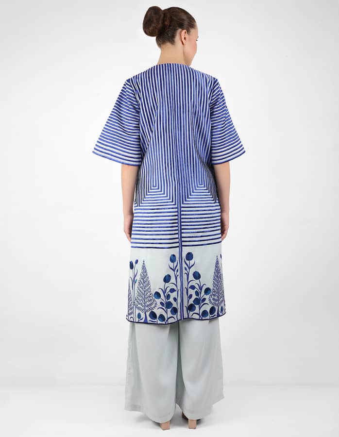 Geometric wave stripe floral jacket - Blue