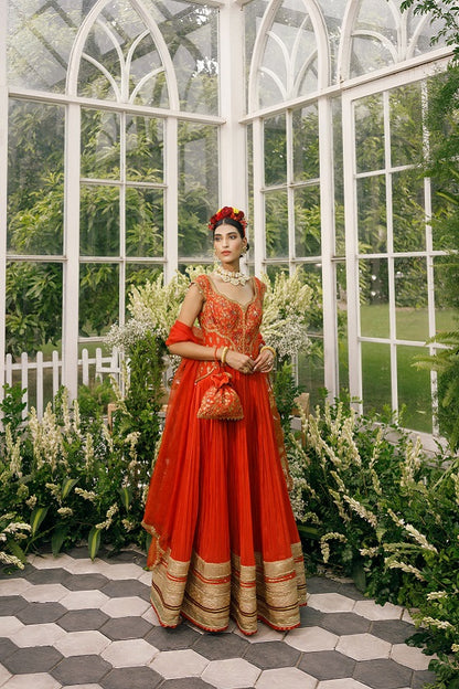 Anarkali with silk yoke with scallop neck line embroidered with multi colour thread