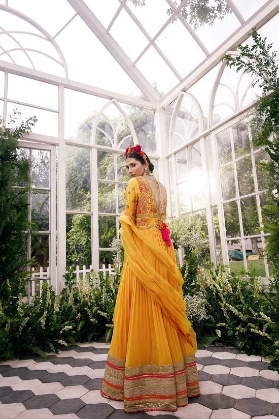 Anarkali with over lap silk yoke with scallop neck line