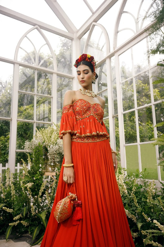 Silk blouse with gerogette frills and shaded georgette skirt