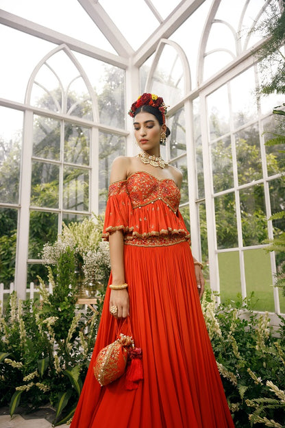 Silk blouse with gerogette frills and shaded georgette skirt