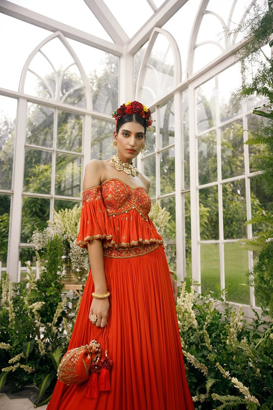 Silk blouse with gerogette frills and shaded georgette skirt