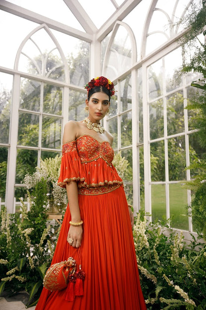 Silk blouse with gerogette frills and shaded georgette skirt