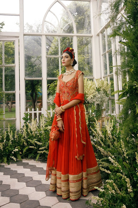 Anarkali with silk yoke with scallop neck line embroidered with multi colour thread