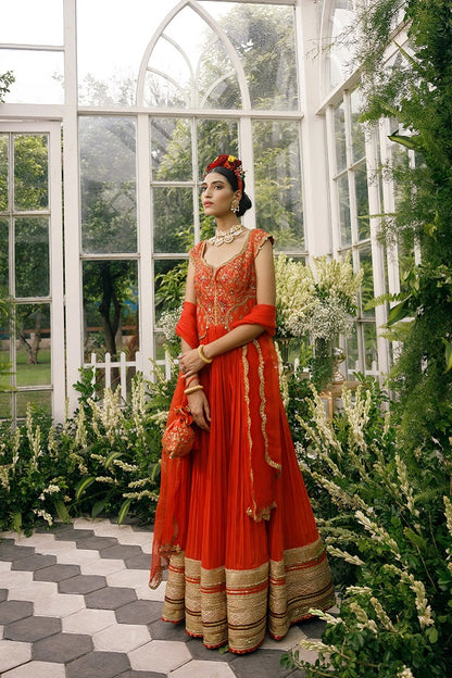 Anarkali with silk yoke with scallop neck line embroidered with multi colour thread
