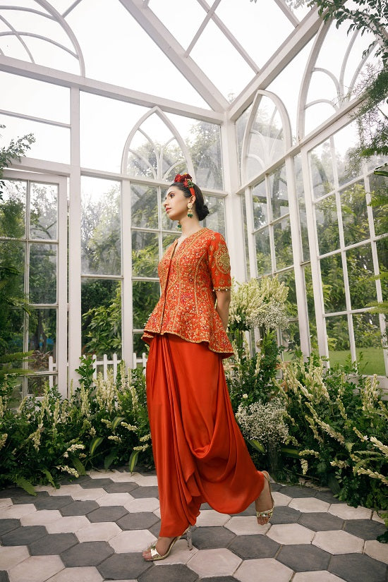 Silk jacket top with irish satin drape skirt