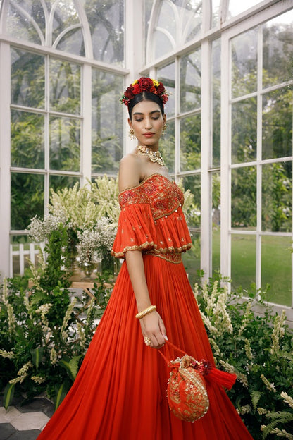 Silk blouse with gerogette frills and shaded georgette skirt
