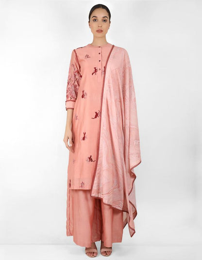 Summer garden tunic with marble print dupatta - Rose Gold