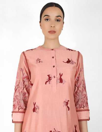 Summer garden tunic with marble print dupatta - Rose Gold