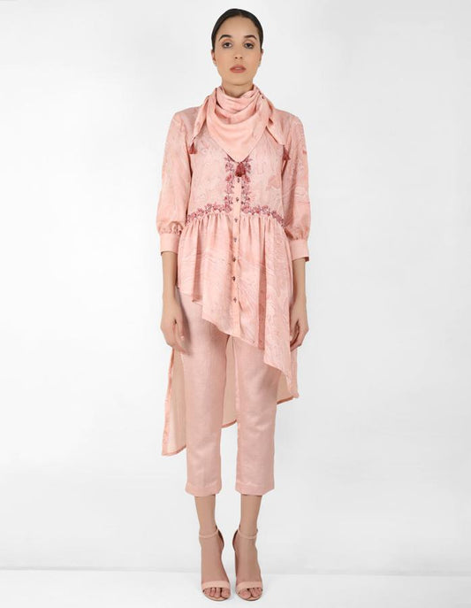 marble print Summer garden high low shirt with scarf - Rose Gold