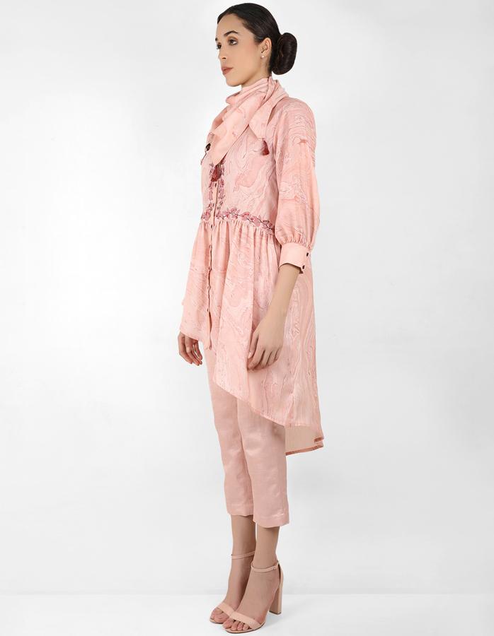 marble print Summer garden high low shirt with scarf - Rose Gold