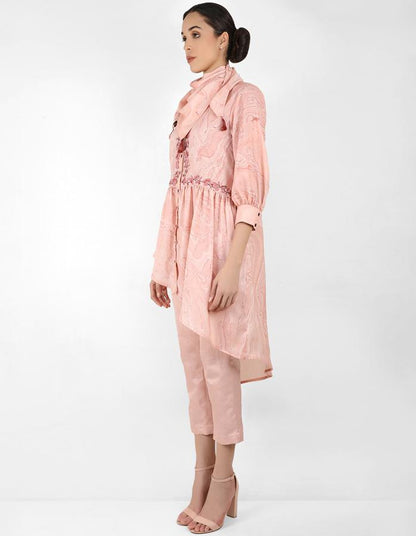 marble print Summer garden high low shirt with scarf - Rose Gold
