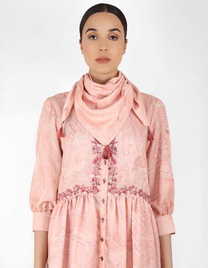 marble print Summer garden high low shirt with scarf - Rose Gold