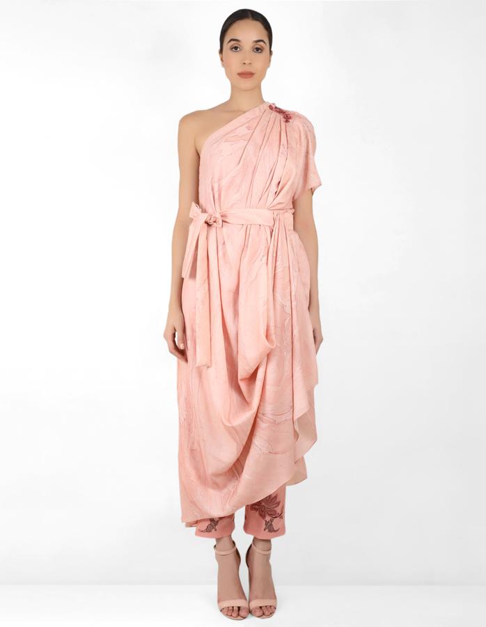 marble print drape tunic dress with belt - Rose Gold