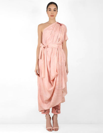 marble print drape tunic dress with belt - Rose Gold
