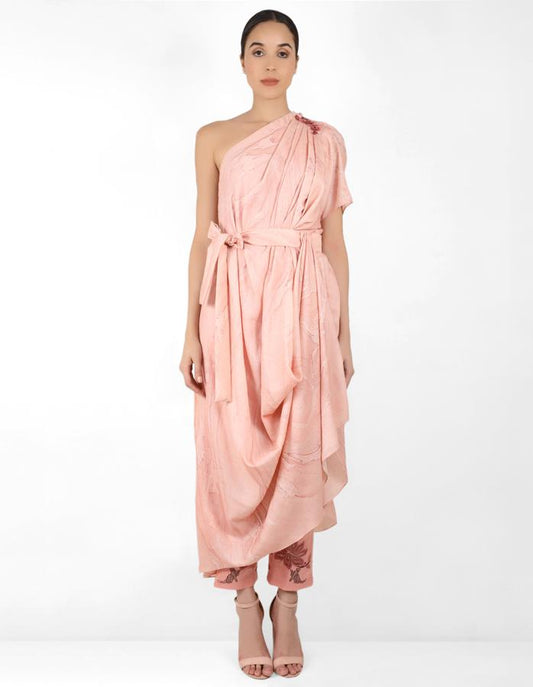 marble print drape tunic dress with belt - Rose Gold