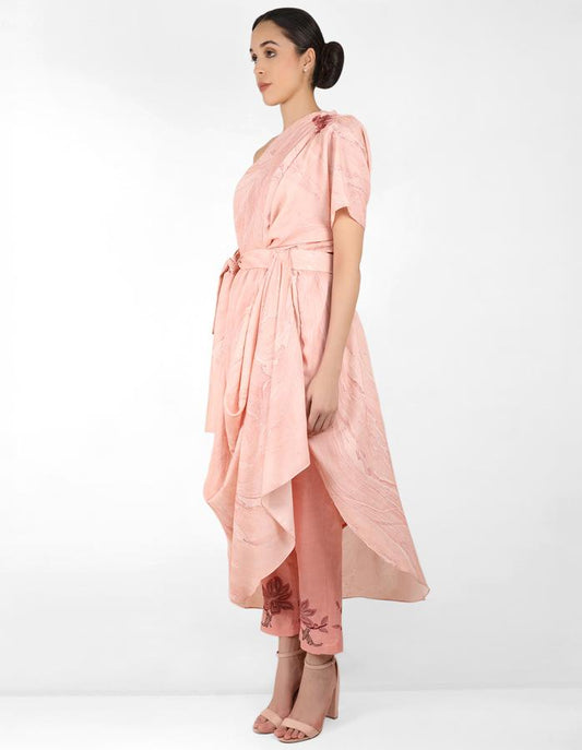 marble print drape tunic dress with belt - Rose Gold
