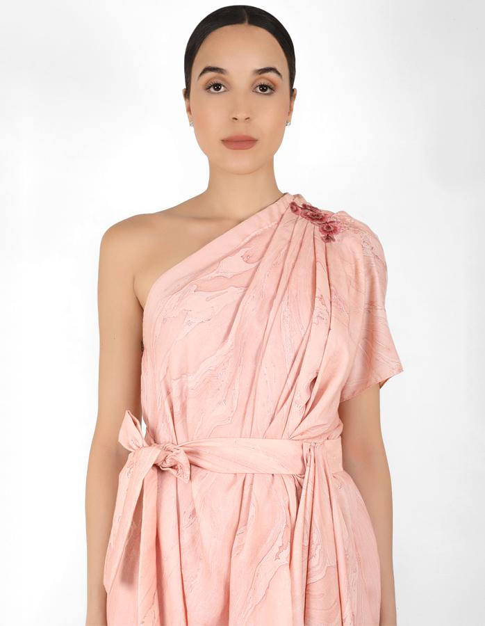 marble print drape tunic dress with belt - Rose Gold