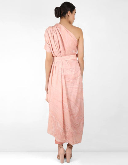 marble print drape tunic dress with belt - Rose Gold