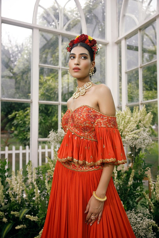 Silk blouse with gerogette frills and shaded georgette skirt