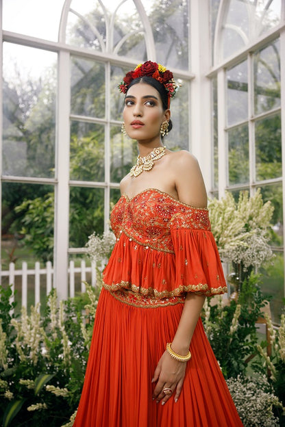Silk blouse with gerogette frills and shaded georgette skirt