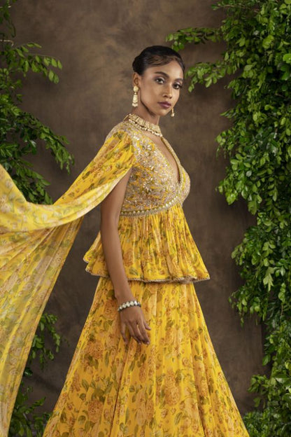 Yellow Floral printed Moomal Lehnga with Peplum blouse