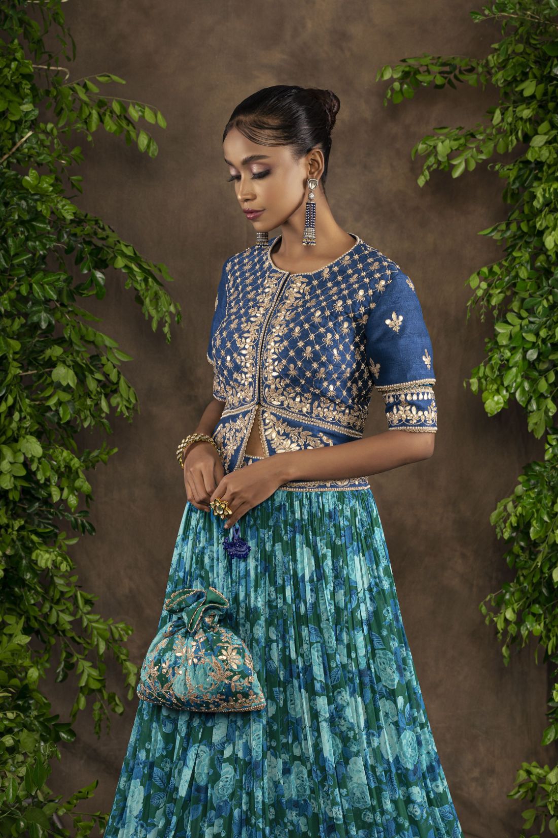Blue floral print Georgette lehnga set with long blouse
