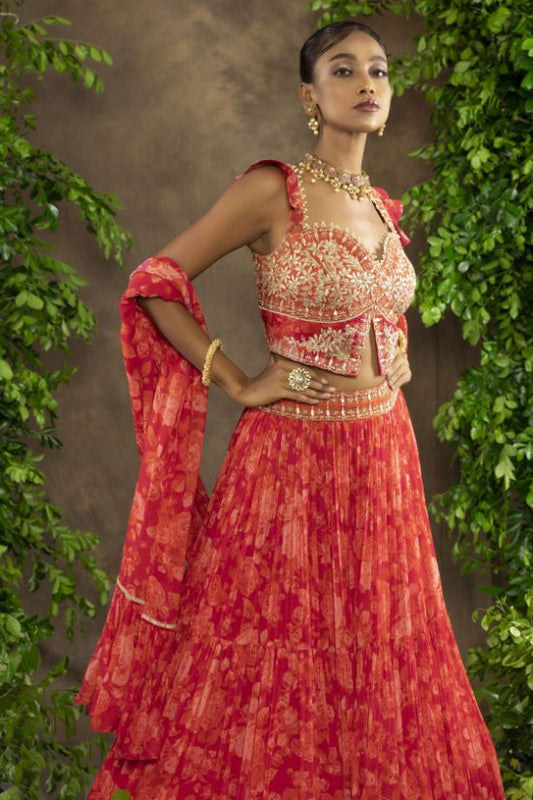Fuchsia orange floral printed peplum blouse and Lehnga