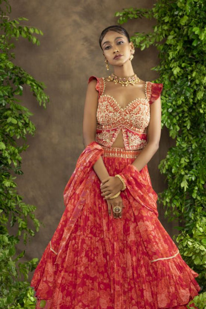 Fuchsia orange floral printed peplum blouse and Lehnga