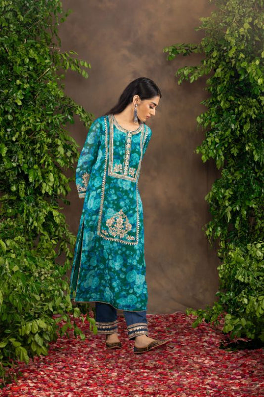 Blue green printed Georgette kurta set