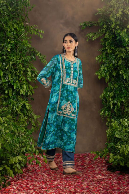 Blue green printed Georgette kurta set