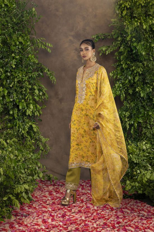 Yellow Floral Printed Moomal Straight suit