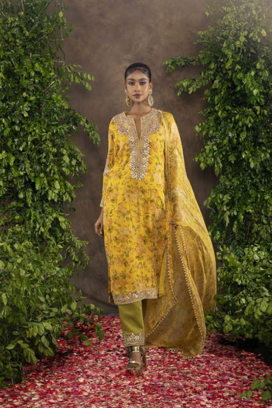 Yellow Floral Printed Moomal Straight suit
