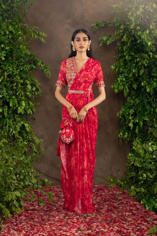 Fuchsia orange floral printed drape sari
