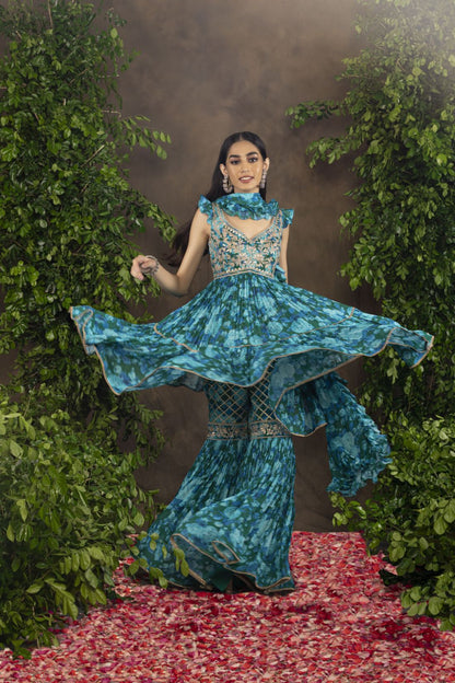 Blue green floral printed Georgette garara set