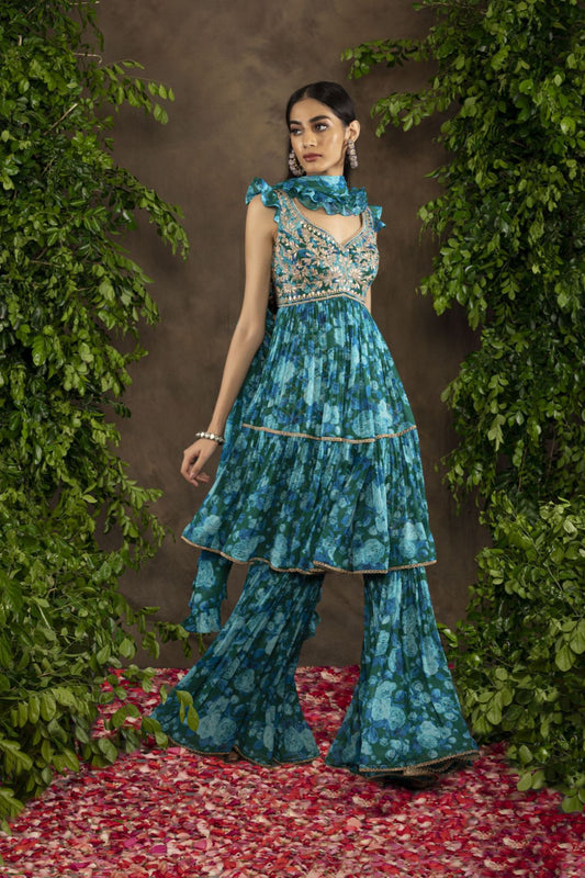 Blue green floral printed Georgette garara set