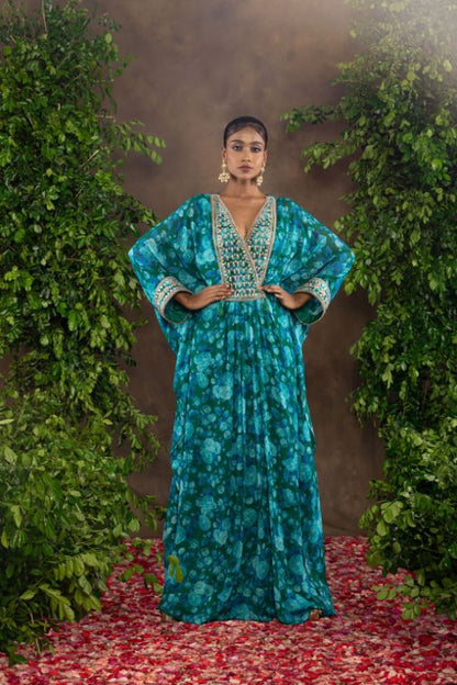 Blue green floral printed Georgette kaftan