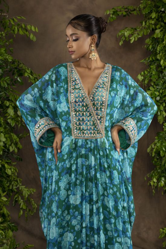 Blue green floral printed Georgette kaftan
