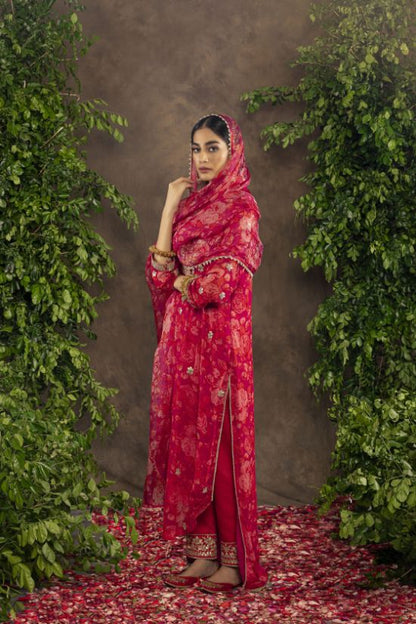 Fuchsia orange floral printed straight suit