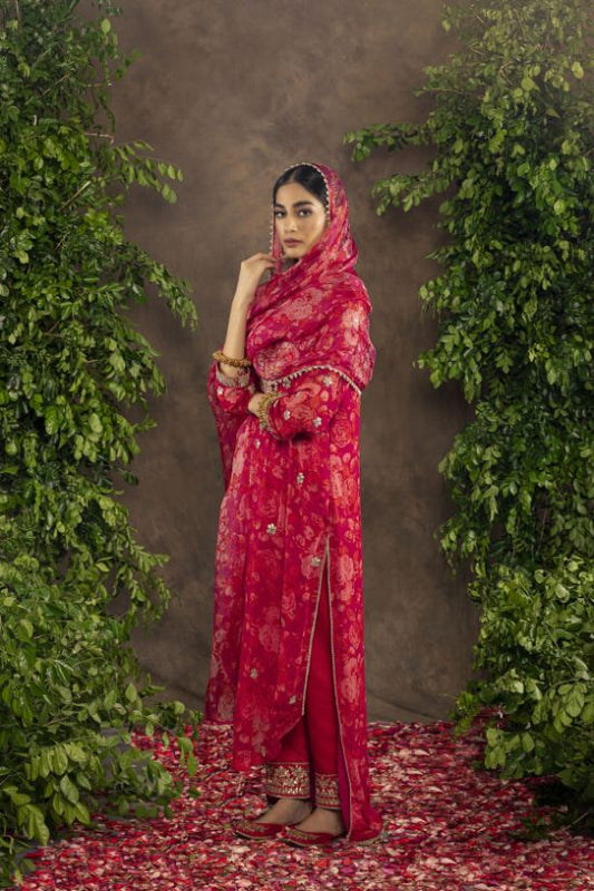 Fuchsia orange floral printed straight suit