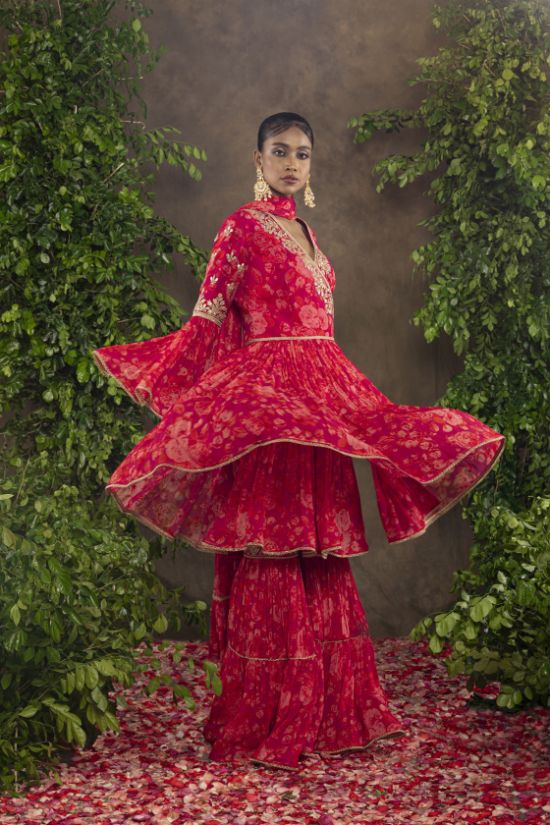 Fuchsia orange floral printed Georgette garara set