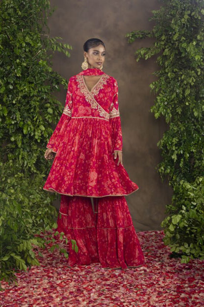 Fuchsia orange floral printed Georgette garara set