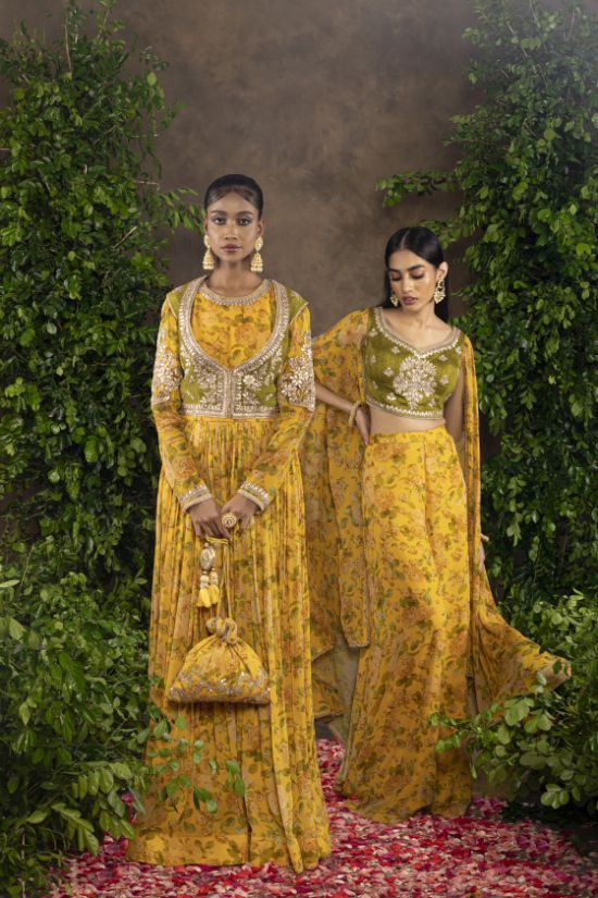 Yellow floral printed Moomal Anarkali with Raw silk Jacket.