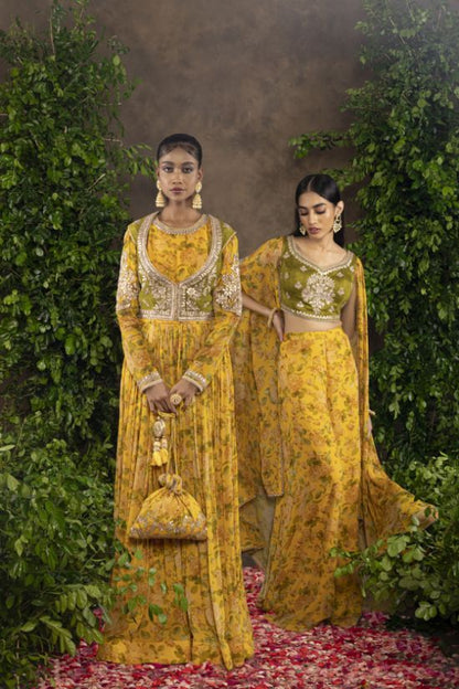 Yellow floral printed Moomal Anarkali with Raw silk Jacket.