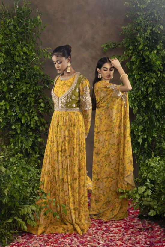 Yellow floral printed Moomal Anarkali with Raw silk Jacket.