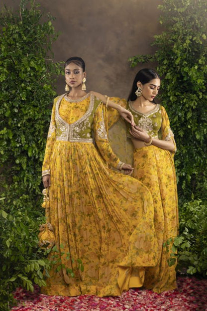 Yellow floral printed Moomal Anarkali with Raw silk Jacket.